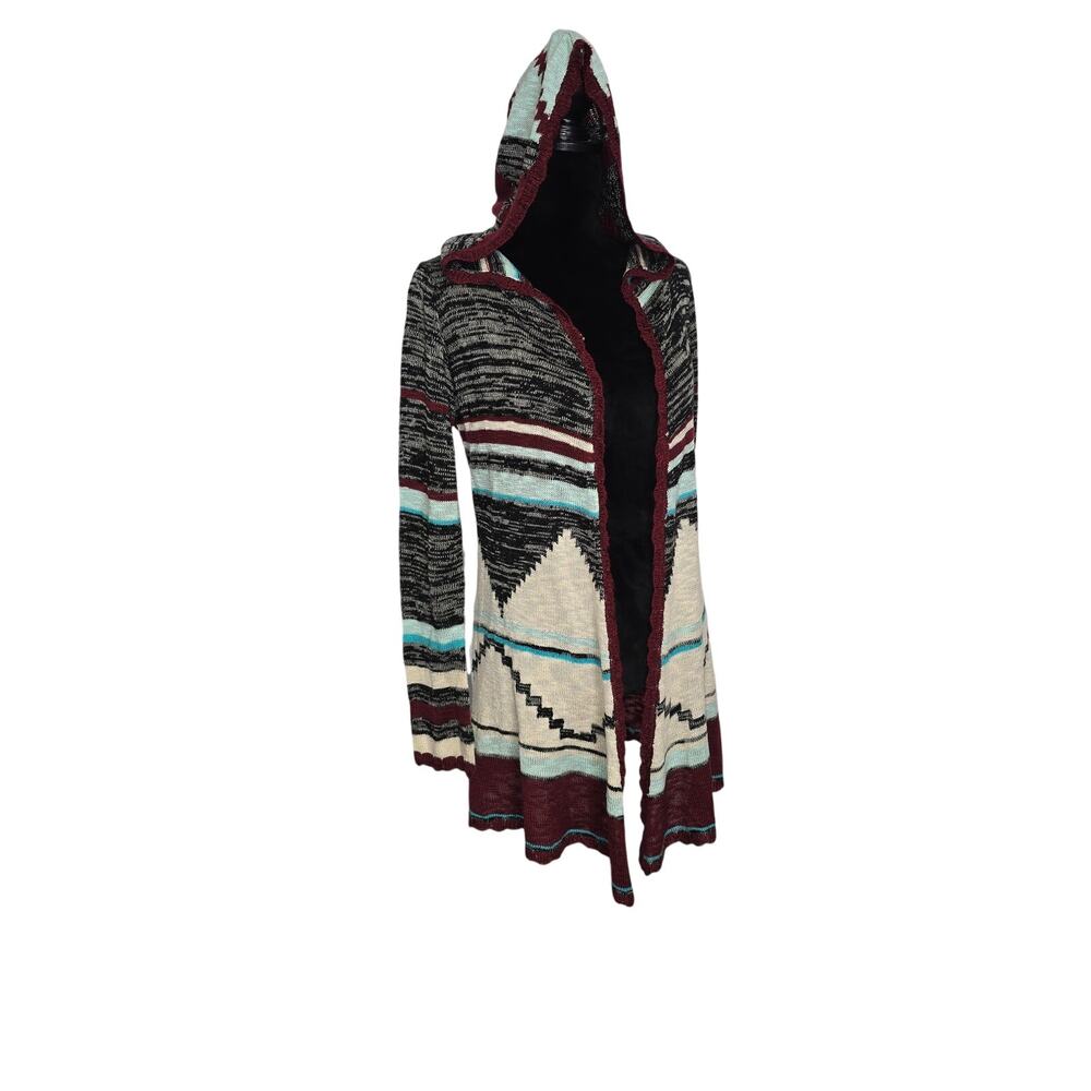 Wet Seal Hooded Aztec Cardigan Sweater Large Southwestern Boho Open Front
